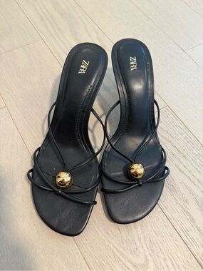 Zara Black Strappy Heeled Slides with Gold Orb Detail